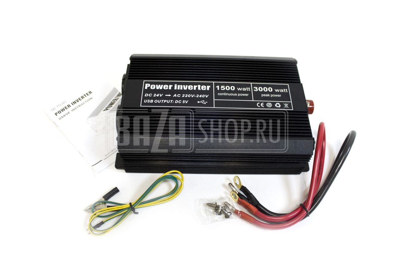 ИНВЕРТОР напряжения автомобильный 24/220V 1500W, 2 розетки, 1 USB-порт** / # 571524